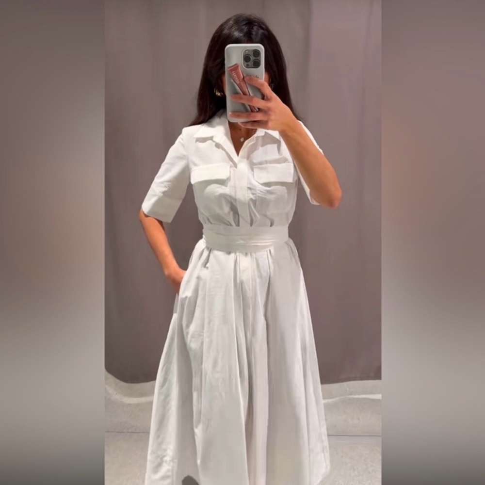 ZARA White Cotton Poplin Midi Dress sz Small